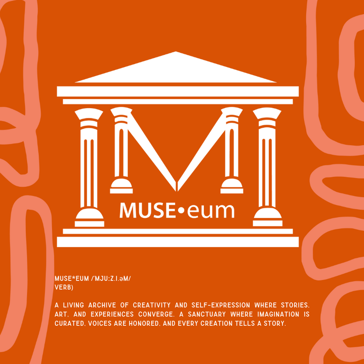 An orange square with lighter squiggles and an M inside a museum-like building.